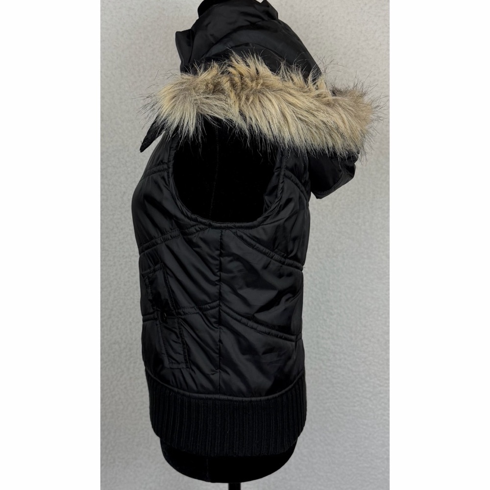 (VTG) FOREVER 21 • Black/Tan Y2K Quilted Zip-Up Vest w/ Faux Fur Trimmed Hood, S - Picture 7 of 15